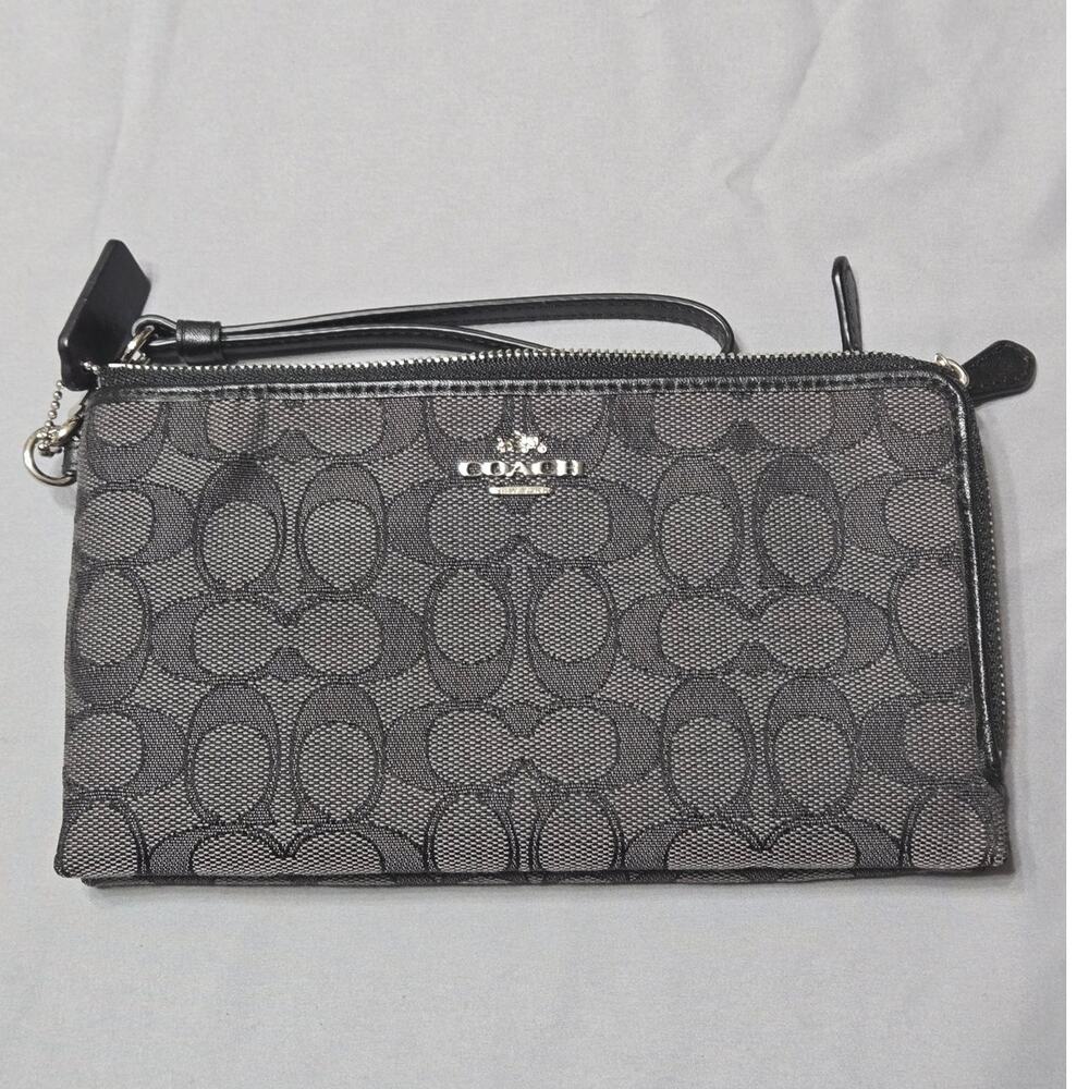 COACH Signature Double Zip Wristlet Wallet in Black Smoke